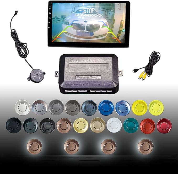 SANDETOUN LCD Parking Sensor Kit - Displays Data on Original Screen, Easy Rear Installation, Compatible with All Camera Formats (AHD, CVBS), 18 Probe Colors to Match Any Vehicle（Black）