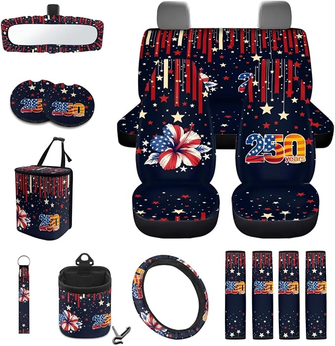 Wanyint 15 PCS Car Seat Covers Set with Steering Wheel Seat Belt Rear View Mirror Cover Trash Bin Sunglass Pocket Coasters Key Chain for US 250th Anniversary, American Flag Hibiscus Star Stripe