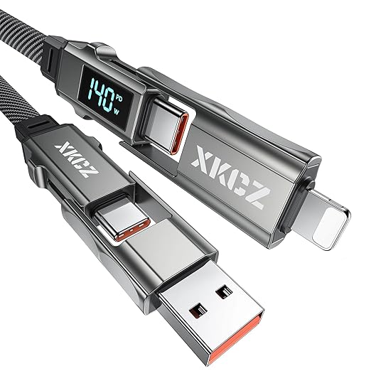 XKCZ 4 in 1 USB C Cable with Wattage Display, 140W Flat Nylon Braided Multi Charge Cable with Data Sync, USB C Charging Cord Combo Type C/USB A/L Port for iPhone/iPad/Samsung/Laptop, 3FT