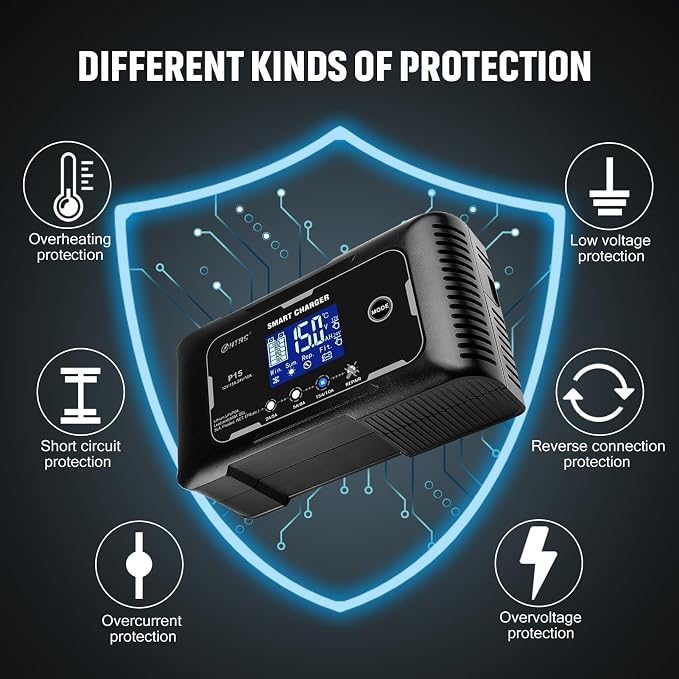 Battery Charger, Smart 0-15A 12V/24V Trickle Charger, Portable Car Battery Charger with 9 Stages of Charging for LiFePO4, Lead Acid, and Lithium Batteries, with Battery Repair Function
