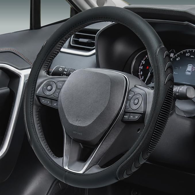 Leather Steering Wheel Cover for Toyota RAV4 Corolla Camry Highlander, 14.5-15 inches Car Steering Wheel Cover with Non-Slip Breathable (Black)