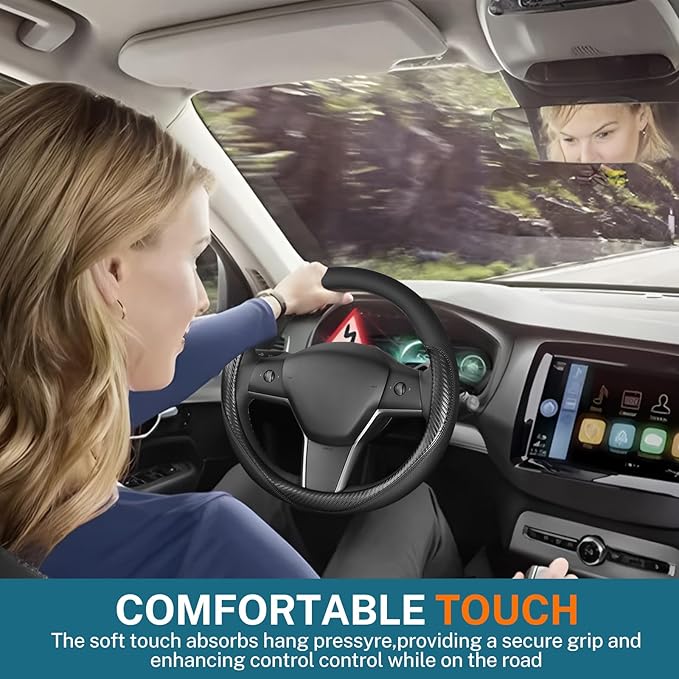 Leather Steering Wheel Cover Custom-Fit for Tesla Model 3/Y 2016-2026, Comfort Grip Design Breathable and Non-Slip, Model 3/Y Car Steering Wheel Protector, Tesla Accessories,Black(B-Style, for Tesla)