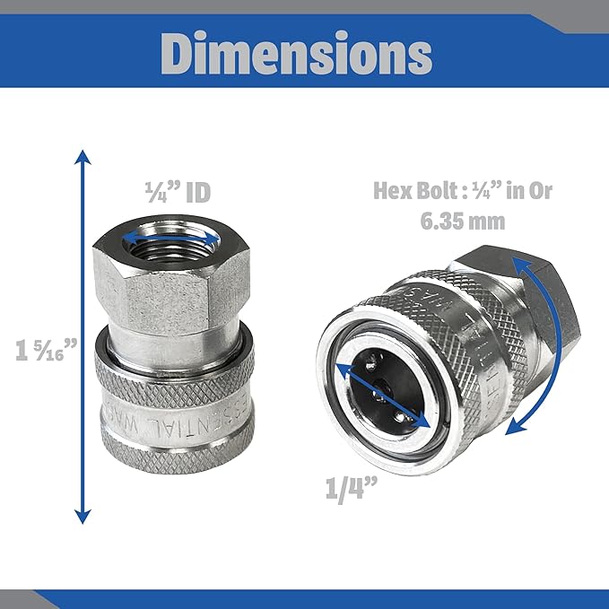Essential Washer Stainless Steel ¼” Quick Connect Female NPT | Pressure Washer Quick Connect Fittings | 5000 PSI | Set Of 6
