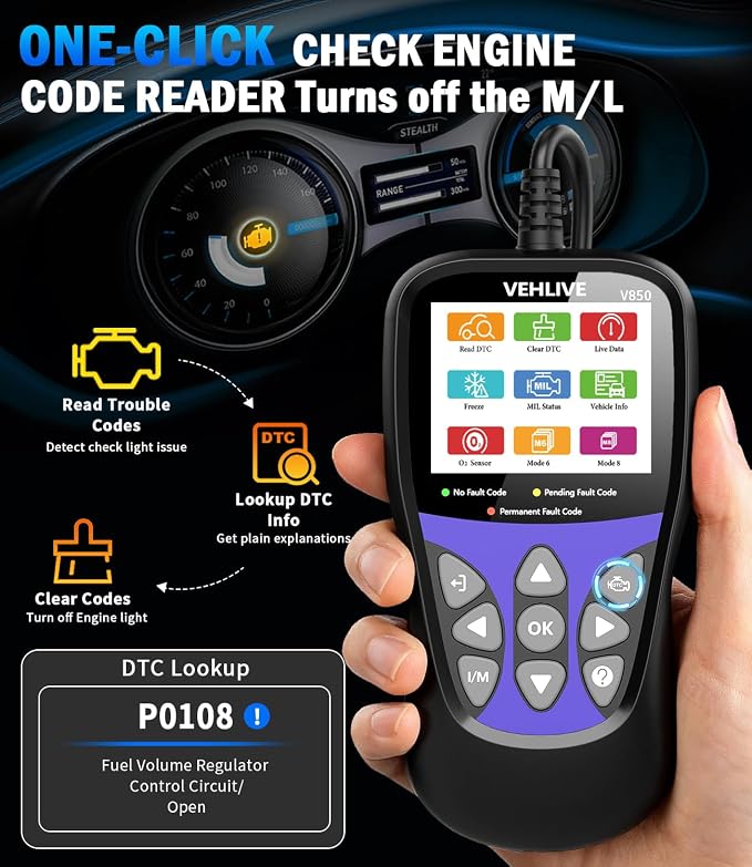 OBD2 Scanner Diagnostic Tool, VEHLIVE V850 Car Code Reader for Check Engine Light with Reset, I/M Readiness, Battery Tester, Live Data, CAN Diagnostic Scan Tool for All OBDII Vehicles After 1996