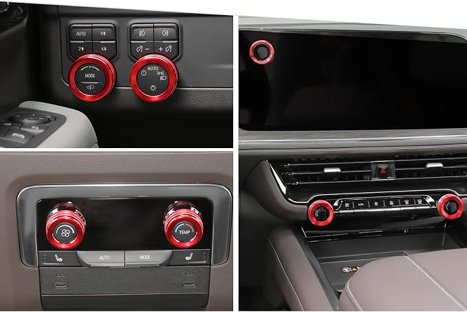 Jimen for Tahoe Center Console Knob Covers, 7PCS AC Air Conditioning Volume Control Button Headlight Switch Trim Ring Fit for Chevrolet Tahoe 2024-2025 (Red)
