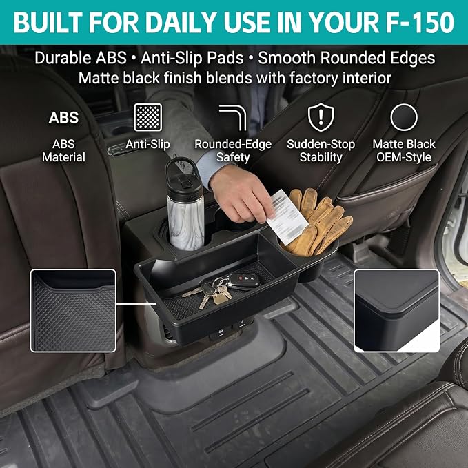 Backseat Cup Holder Insert for 2015-2020 Ford F150 & 2017-2022 F250 F350 F450 Accessories, Rear Center Console Armrest Cup Holder Organizer Tray Drink Holder, Full Console w/Bucket Seats ONLY