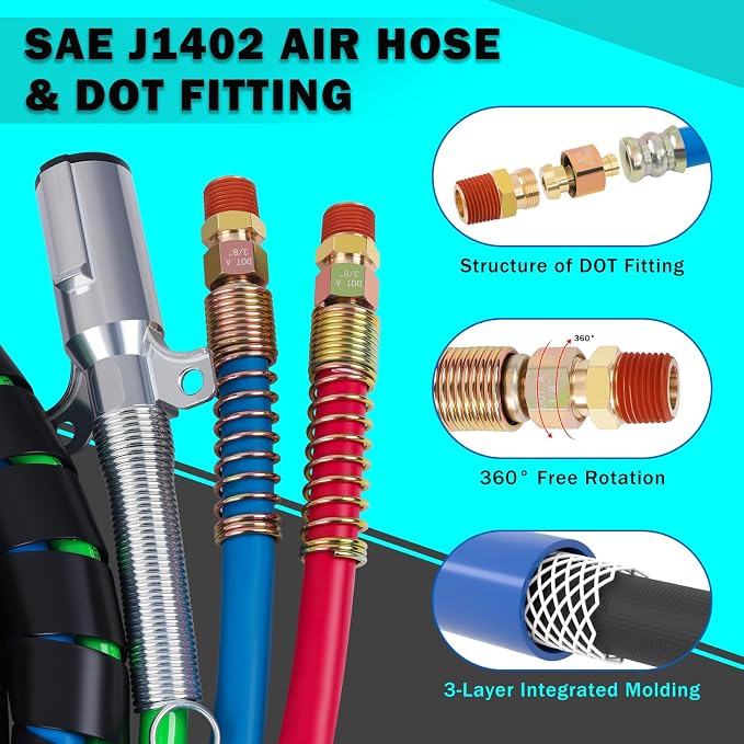 CheeMuii 2 Pack 12FT Semi Truck Air Lines Kits with Gladhands Handles Holders and Tender Springs Kit Red&Blue Air Brake Hoses and 7 Way Trailer Cord 3-in-1 Air Lines Set for Semi Truck Trailer Tractor