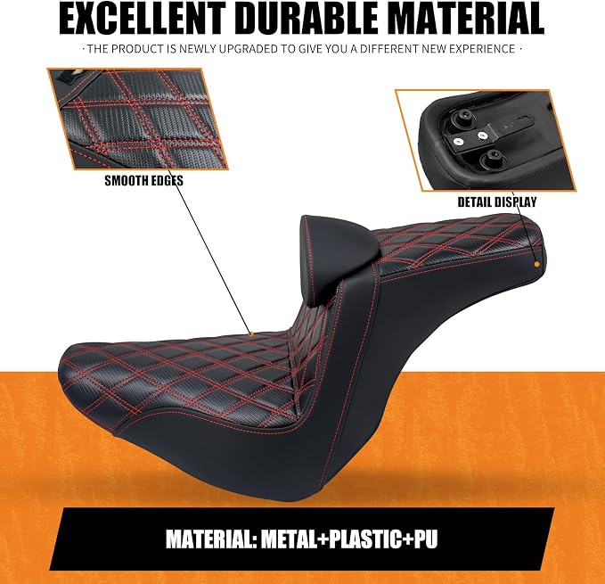 Motorcycles Driver Passenger Seat Cushion Pad One-Piece Seat Leather Pillion with Driver Backrest Fit for Harley Low Rider FXLR FXLRS Sport Glide FLSB 2018-2024 (Red Stitching)