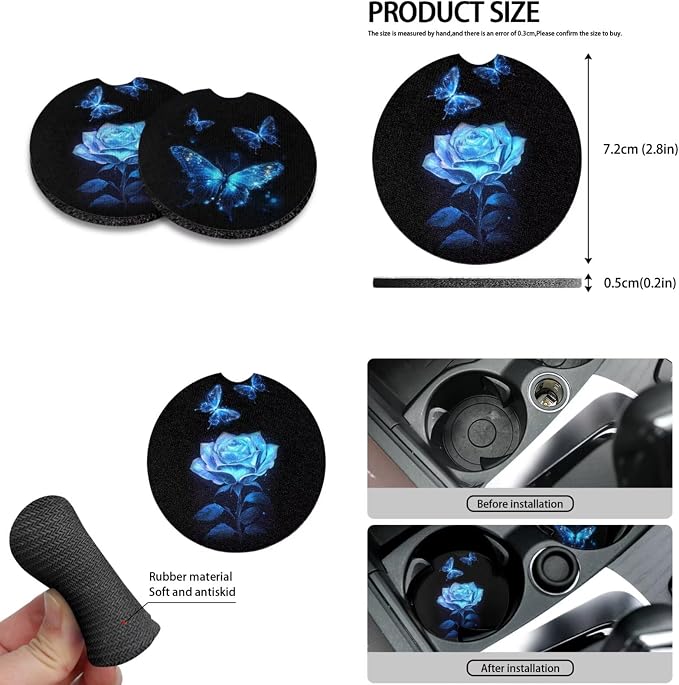 Howilath Blue Rose Butterfly Front Car Seat Covers Set with Center Console Cover+Steering Wheel Cover+Seatbelt Pads+Keychain+Coasters Interior Accessories Fit Sedan Truck Van