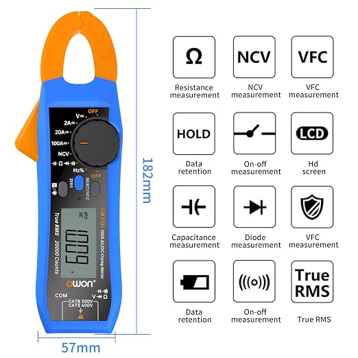 OWON CM210E Mini Digital Clamp Meter 100A AC DC Current Voltage True RMS Pliers Ammeter Resistance, Capacitance, Diode Tester Multimeter