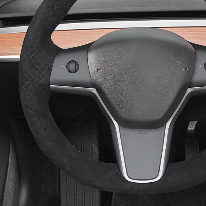 MEWANT Hand Stitch Black Woven Embossed Athsuede Steering Wheel Cover Wrap for Tesla Model Y 2023 Model 3 2017-2023
