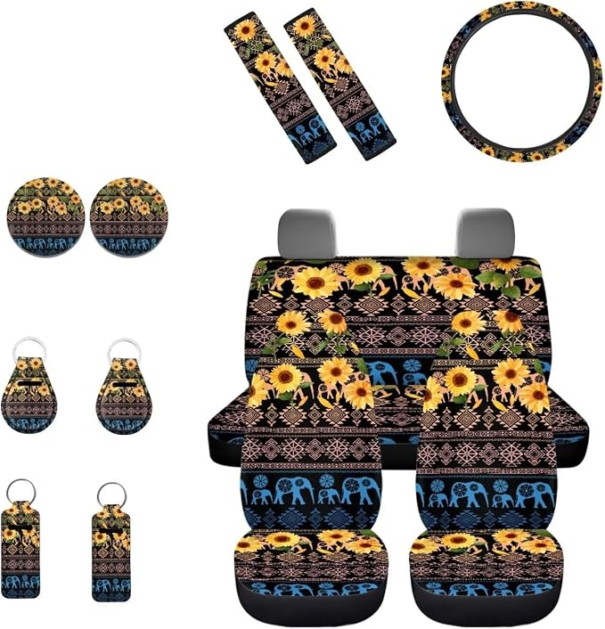 INSTANTARTS Southwest Aztec Elephant Car Seat Cover Set Sunflower Includes Seat Belt Cover Steering Wheel Cover Key Fob Coaster Lipstick Holder 13pcs Auto Accessories