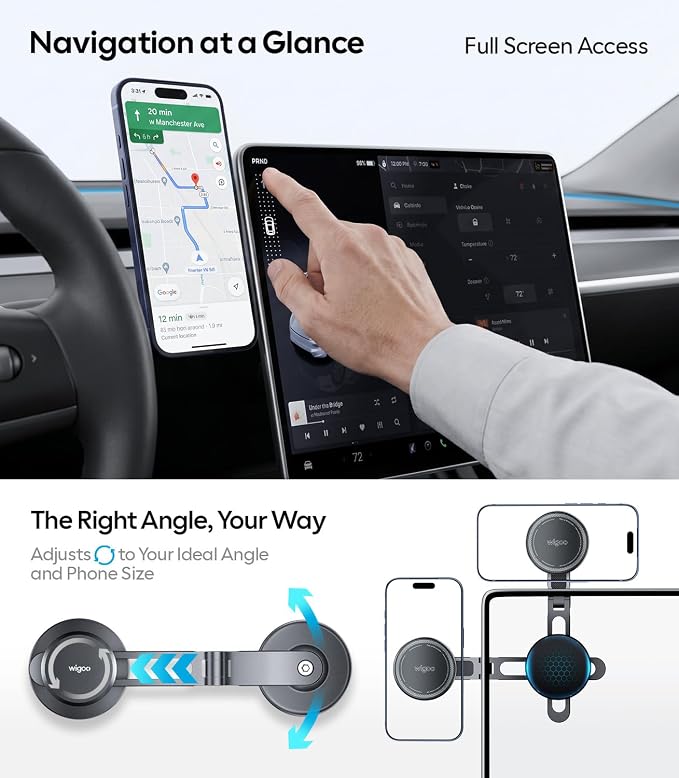 Wigoo Tesla Phone Mount [OEM-Style, Strongest Magnet] 360° Rotation Foldable Hidden Phone Holder for Tesla Model 3/Y/X/S, for Magsafe iPhone 17-12 Series, Tesla Model Y Model 3 Accessories