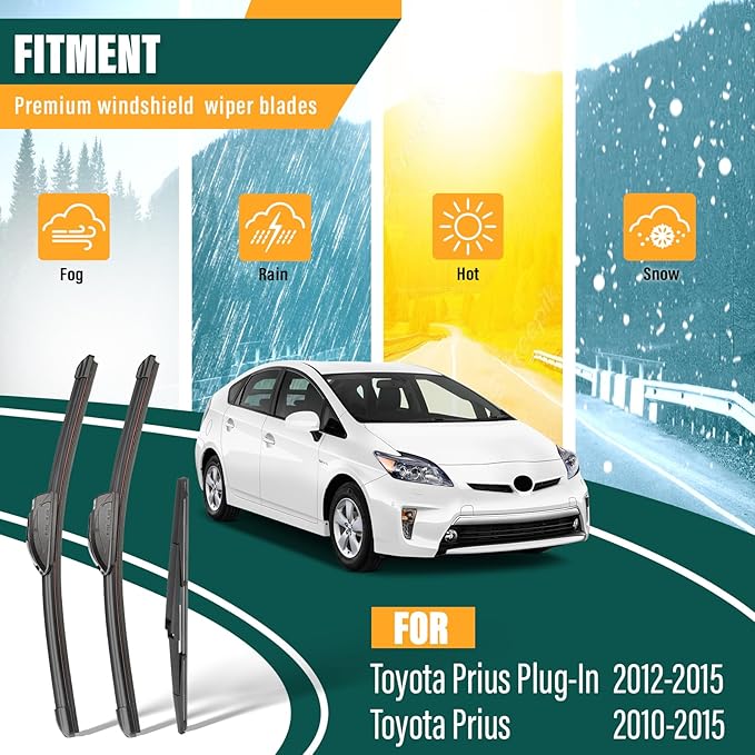 Windshield Wiper Blades Replacement for Toyota Prius 2010-2015, Toyota Prius Plug-In 2012-2015, Original Equipment Replacement Front Rear Wiper Blade Set - 26" 19" 16" (Set of 3)