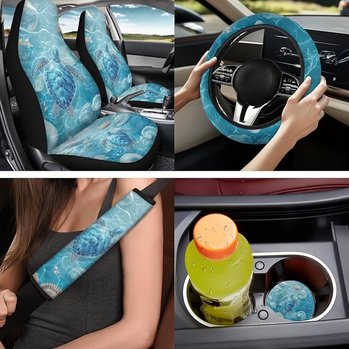 Bulopur Sea Turtle Automotive Seat Covers Front and Back with Car Steering Wheel Cover Non-Slip Armrest Pad Seat Belt Covers Keychain Automotive Interior Accessories Set 14 Pack
