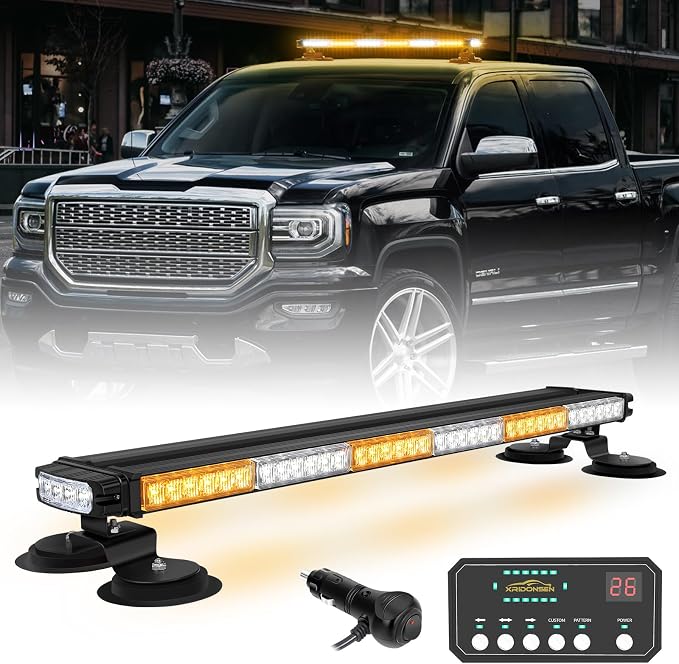 XRIDONSEN 2PCS 60 inch Running Board Emergency Strobe Lights Strip & Amber White 28.4" 80 LED Roof Top Strobe Light Bar for Construction Vehicles Plow/Tow Trucks Pickup