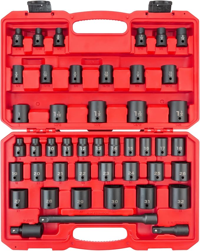 TEKTON 1/2 Inch Drive Shallow 6-Point Impact Socket Set with Case, 45-Piece (5/16-1-1/4 in., 8-32 mm) | SID92403