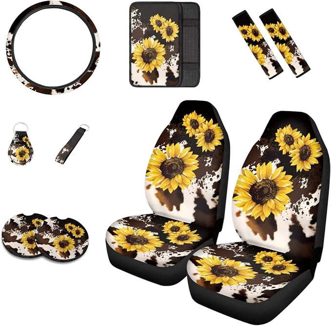 Howilath Cow Sunflowers Pattern 10pcs Car Front Seat Covers/Steering Wheel Cover/Seatbelt Pads/Keychain/Armrest Cushion/Coasters Vehicle Seat Protector Accessories