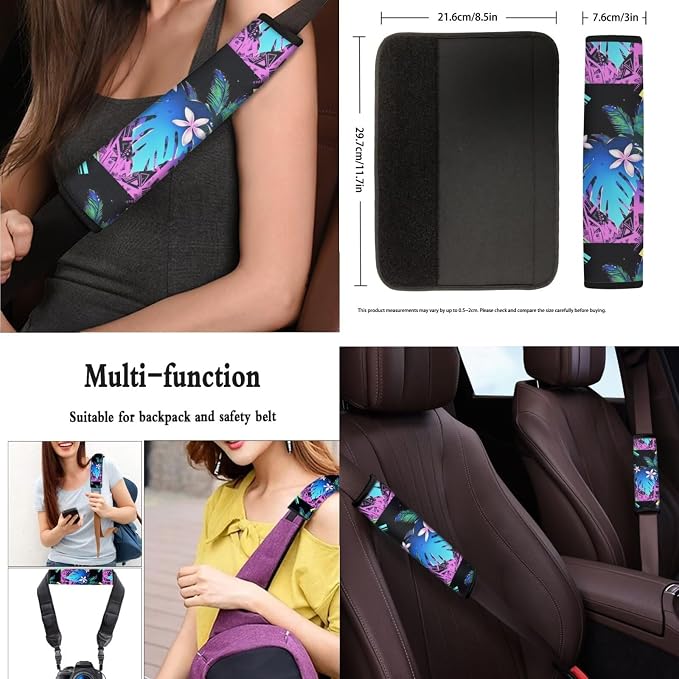 Tropical 13 Pcs Car Seat Cover Set, Palm Leaf Cyberpunk Polyester Front Seat Rear Auto Armrest Cover, Neon Gradient Steering Wheel Sleeve Full Set Cars Headrest