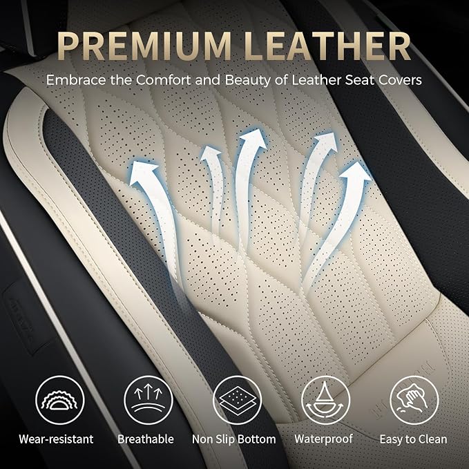 FLORICH Leather Seat Cover Front Seats Automotive Car Seat Covers Front Seat Cover Waterproof Car Seat Protector with Lumbar Support 2 Pack Universal Fit for Most Cars Sedans Trucks SUV, Black&Beige