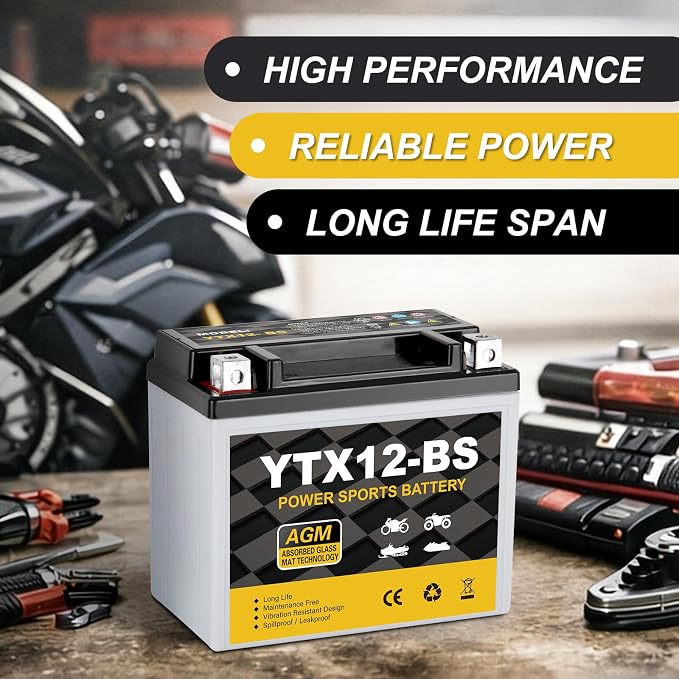 YTX12-BS Motorcycle Battery 12V 10Ah, 180 CCA Sealed AGM Rechargeable Maintenance Free Battery, Replacement for ATV, Scooter, 4 Wheeler, ETX12, GTX12-BS