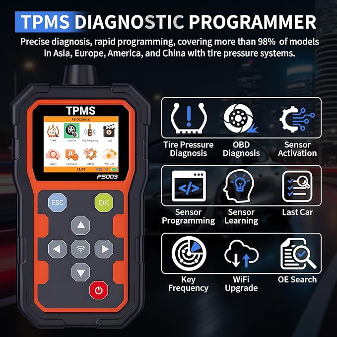 TPMS Diagnostic Programmer- Professional Tire Pressure Sensor Tool with WiFi Upgrade, OBD Diagnosis, Sensor Activation/Programming/Learning, Key Frequency Detection, 2.8-Inch Color LCD