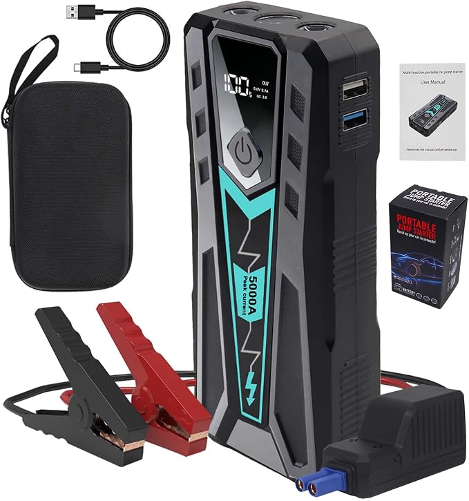 5000A Car Jump Starter, 12V Portable Car Jumper, Emergency Jump Box with LED Flashlight for Up to 10L Gas 9.0L Diesel Engine, Equipped with Hard Travel Case (Black)