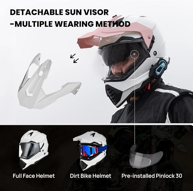ILM Dual Sport Adventure Motorcycle Helmet with Pinlock Compatible Sun Visor Snowmobile ATV Dirt Bike Off Road Casco Model WS902 (White, L)