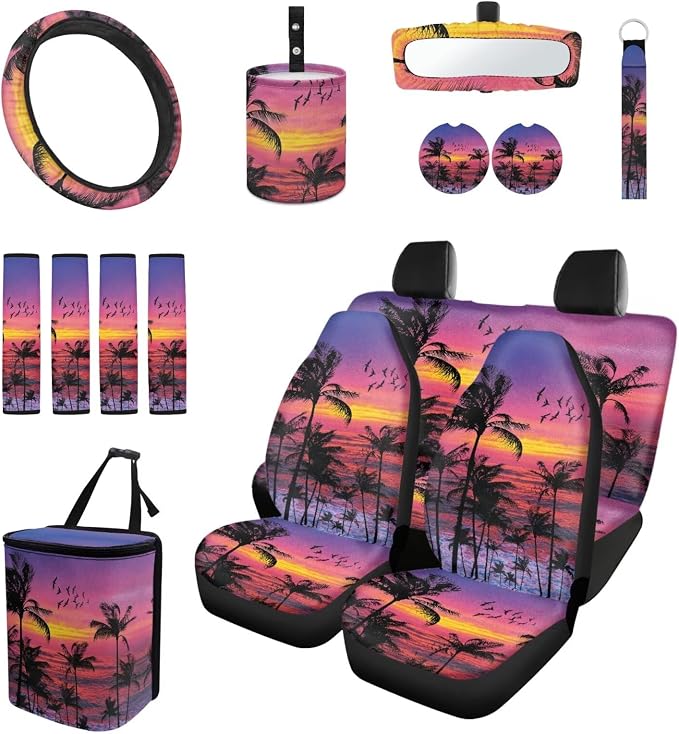 Sunset Tropical Palm 15 PCS Car Seat Cover Full Set, with Steering Wheel Cover Seat Belt Cover Trash Cans Rear View Mirror Cover Cup Coaster Keychain Universal Fit