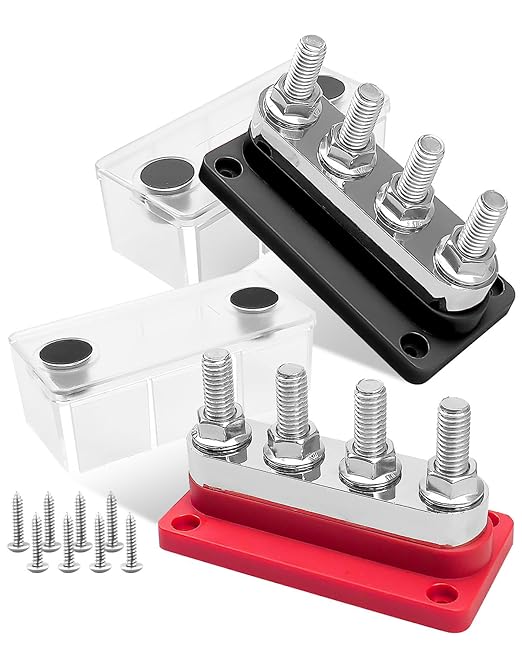 2Pcs Marine Battery Bus Bar 12-48V 600A, 4 M10 Studs (3/8") Heavy Duty Power Distribution Terminal Block, High Current Copper Busbar with Waterproof Cover, Red & Black