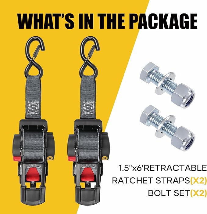 Ayaport Boat Retractable Tie Downs Boat Trailer Straps Ratcheting 1.5 inch x 6ft Bolt-on Transom Tie Down Strap to Trailer - 2200lbs Break Strength, Heavy Duty Ratchet Straps
