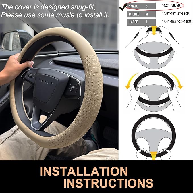 PINCTROT Nappa Leather Steering Wheel Cover for Tesla Model Y/3 Highland/Juniper, D Shaped 14 Inch Small Sized with Breathable Perforation, Fit Like Gloves, Flat Bottom 14 Inch(Nappa Light Taupe)