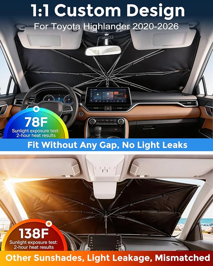 [2026 Upgraded] Weektic Custom Windshield Sun Shade Umbrella for Toyota Highlander 2020-2026, [Double Thickened Ice Crystal Coating] Sun & Heat Protection, Keep Vehicle Cool & Protect Interior