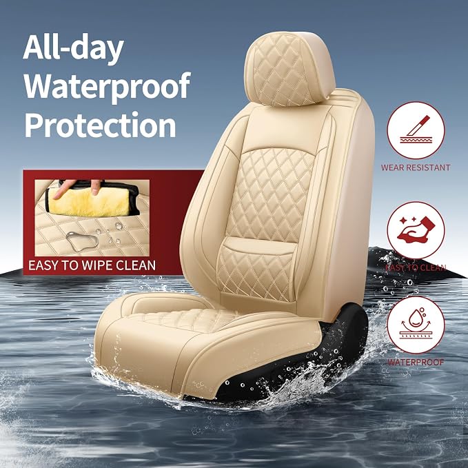 Fit Ranger Car Seat Covers for Ford Ranger 2007-2025 2026 - Luxury Leather, Anti-Slip, All-Weather, Waterproof & Breathable, Airbag Compatible, 2 Front Seats Only (Beige)