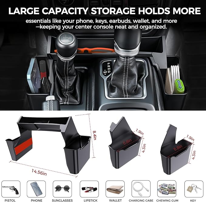 DIAMOOKY 4PCS Upgraded Center Console Organizer for Jeep Wrangler JL JLU 4xe 2018-2026 & Gladiator JT 2020-2024 2025 2026 Accessories Gear Shift Side Tray Hanging Armrest Storage Box (Not for JK/JKU)