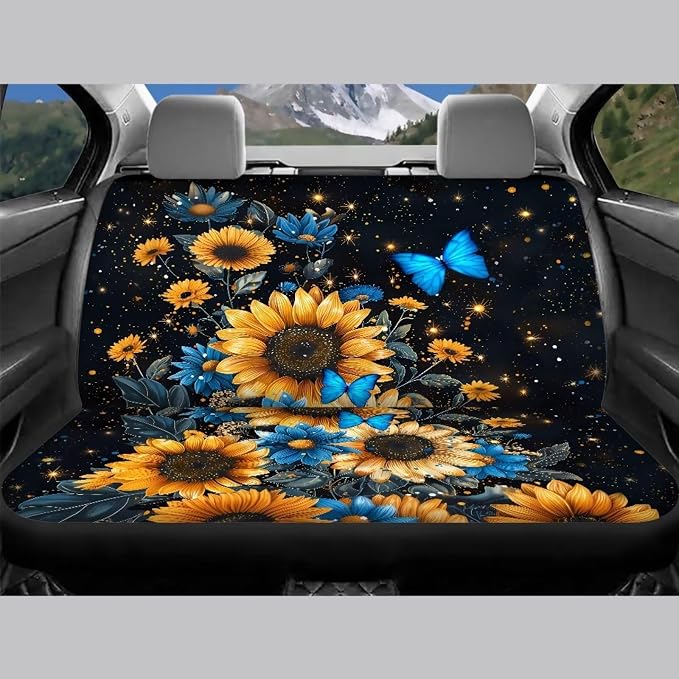 BIGCARJOB Sunflower Car Seat Cover Full Set of 12 Pcs Blue Butterfly Car Interior Accessories Set with Armrest Cover,Cup Holder,Steering Wheel Covers,Seat Belt Pads