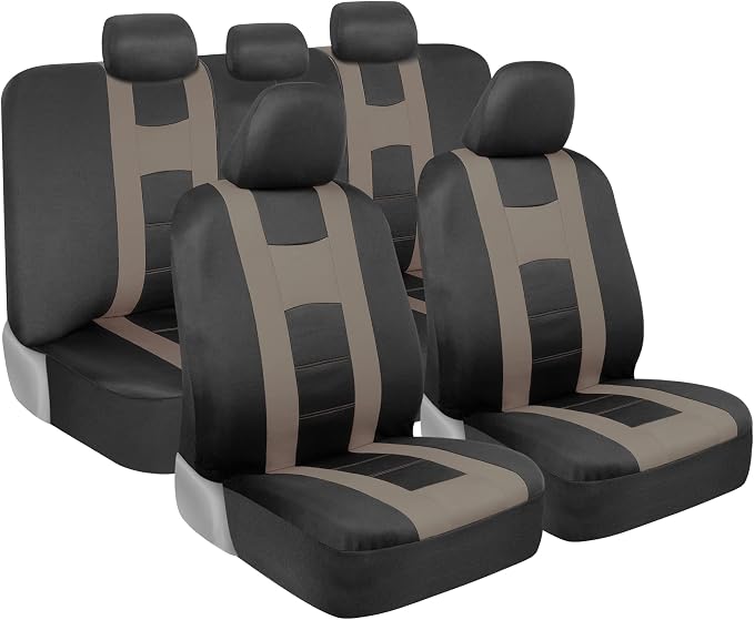 BDK CarXS Beige Car Seat Covers Full Set with Matching Set of Floor Mats for SUV & Truck – Truck Front Seats & Rear Bench Cover Seats Protector Car Mats Full Set Interior Seat Covers