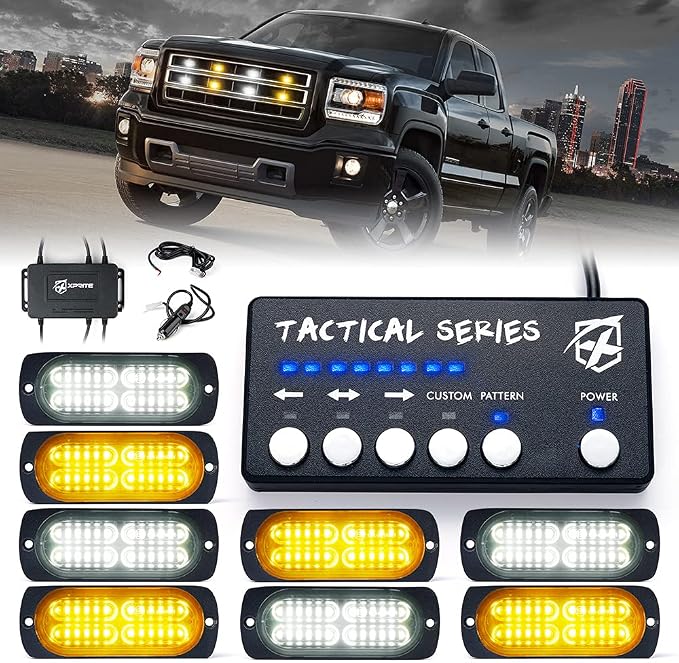 Xprite Amber/White 24 LED Surface Mount Strobe Lights Kit with Control Panel, Grill Grille Side Marker Flashing Emergency Warning Light Assemblies for Construction Vehicles Tow Trucks ATV UTV Van 8PCS