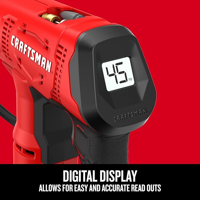 CRAFTSMAN V20 Air Compressor Portable, Cordless Tire Inflator, Up To 150 PSI Tire Pump, with Digital Pressure Gauge, Tool Only (CMCE521B)