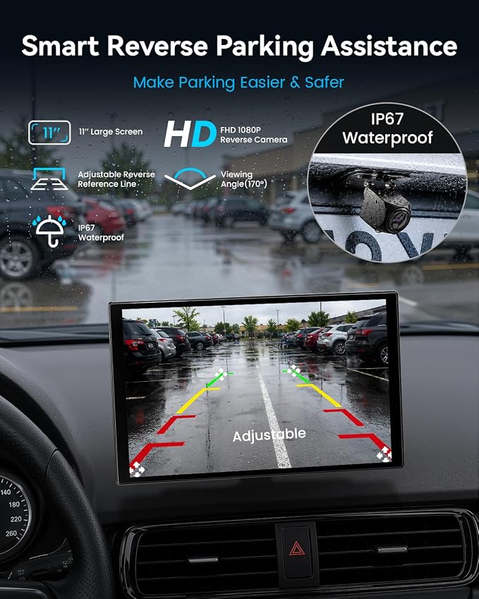 11'' Wireless CarPlay & Android Auto Screen for Car, Full Laminated HD Touchscreen, 4K Dash Cam, 1080P Rear Camera, 5GHz WiFi, Bluetooth 5.0, FM/AUX, Phone Mirroring, Voice Control, 64GB Card Included