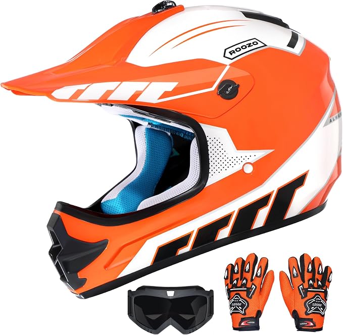 Youth Dirt Bike Helmet DOT Approved, Kids Motocross Full Face Helmet with Adjustable Goggles Riding Gloves & Storage Bag, Off-Road Sport Gear Set for Boys Girls ATV UTV