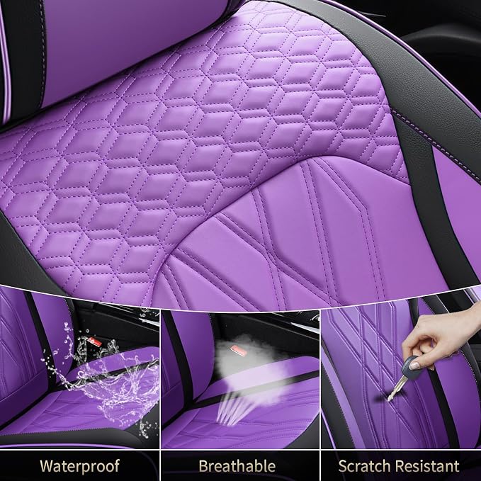 FLORICH Seat Covers Full Set Leather Automotive Seat Cover Full Coverage Vehicle Car Seat Covers Waterproof Purple Seat Cover Protector Universal Fit for Most Car Truck SUV, Black&Purple
