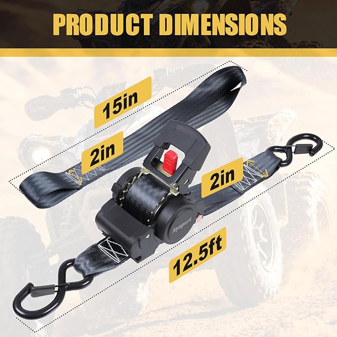 Ayaport Retractable Ratchet Straps 2in X 12.5ft-3300lb Break Strength, Heavy Duty Ratchet Straps Self Retractable Tie Downs with Soft Loops for Motorcycle, Dirt Bike, Cargo, Truck Accessories