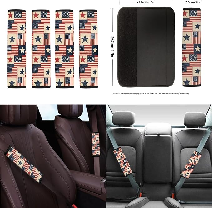 American Flag Print Car Seat Covers Front and Back Full Set 250 Year Decorative Headrest Covers Steering Wheel Cover Safety Belt Pads Armrest Cushion and Cup Coasters