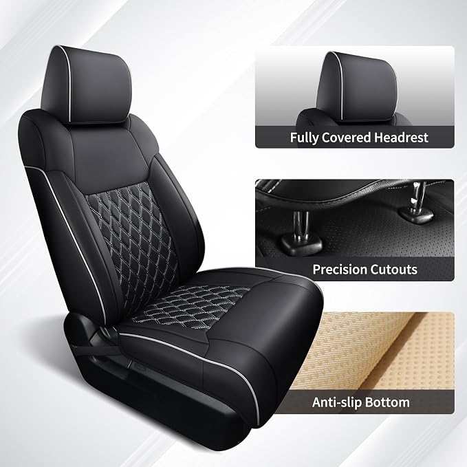 Huidasource for Toyota Tundra Seat Cover, Nappa Leather Truck Seat Cover, 360° Full-Coverage Toyota Seat Covers 2014-2021 CrewMax, Compatible with Armrest Airbags (Full Set/Black＆White)