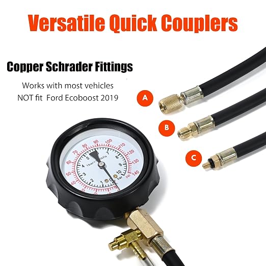 Pro Fuel Injection Pressure Tester Kit, 0-140 PSI Fuel Injector Pressure Tester Tool Kit with 9.49,7.89,6.30 Fuel Line Fittings, Gauge, Quick Coupling for Car Truck Motorcycle Engine Leak Down