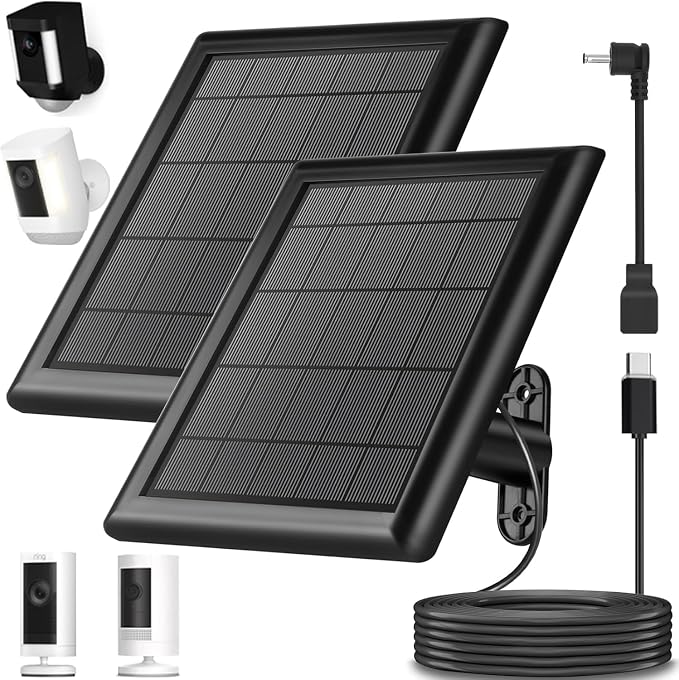 2-Pack 8W Solar Panel for Ring Camera, IP65 Waterproof Solar Charger with 10ft USB C Cable Compatible with Rings Spotlight Plus/Pro & Stick Up Plus/Pro Outdoor Cam Battery (2-Pack 8w Solar Panel)