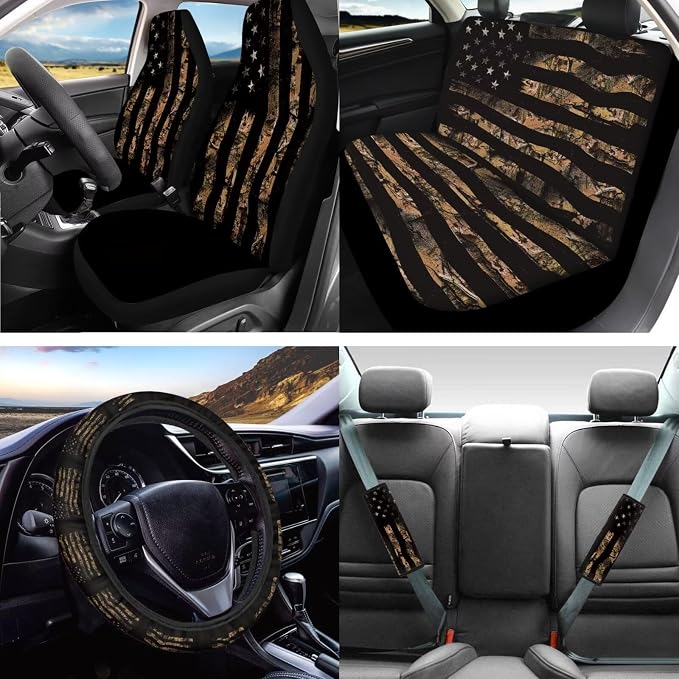 Lotusorchid American Flag Camo Hunting Automotive Seat Covers Full Set of 16, Car Seat Cover for Front Back Seats with Steering Wheel Cover Seat Belt Pads Car Shift Knob Cover Handbrake Cover