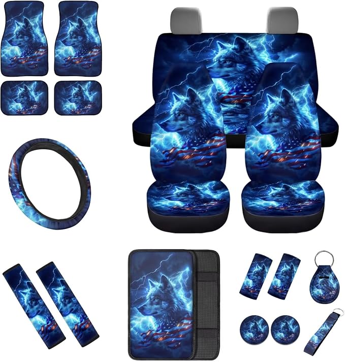 18 Pcs US Flag Wolf Lightning Car Interior Accessories Set, Car Seat Covers Full Set with Auto Floor Mats Steering Wheel Cover Armrest Pad Handle Wraps Seat Belt Pads Keychains Cup Coaster