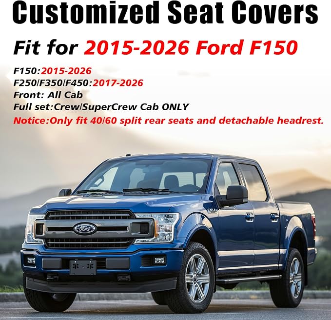 Coverado Leather Seat Covers Full Set Fit for Ford F150 F250 F350 F450, Waterproof Ford F150 Truck Seat Covers Fit for 2015-2026 F150 and 2017-2026 F250 F350 F450 (Black)